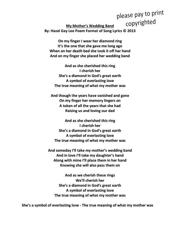 My Motherâ€™s Wedding Band â€“ Poem Format of Song Lyrics About My ...